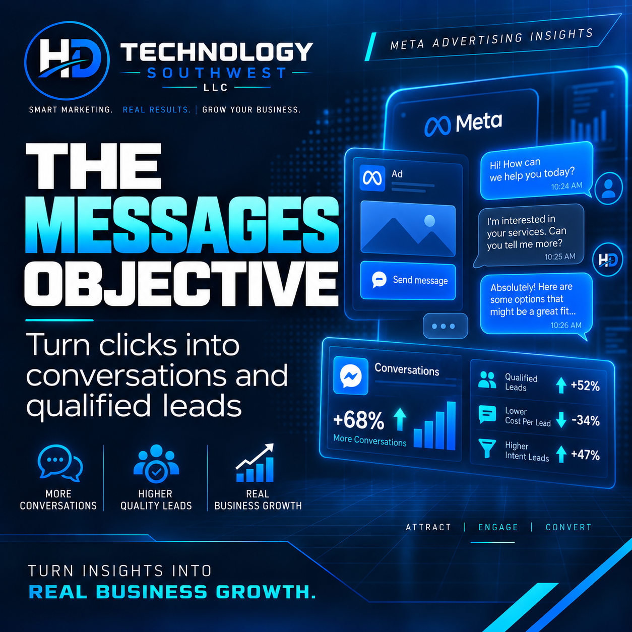 HD Technology Southwest graphic about Meta Messages objective and conversation-based lead generation